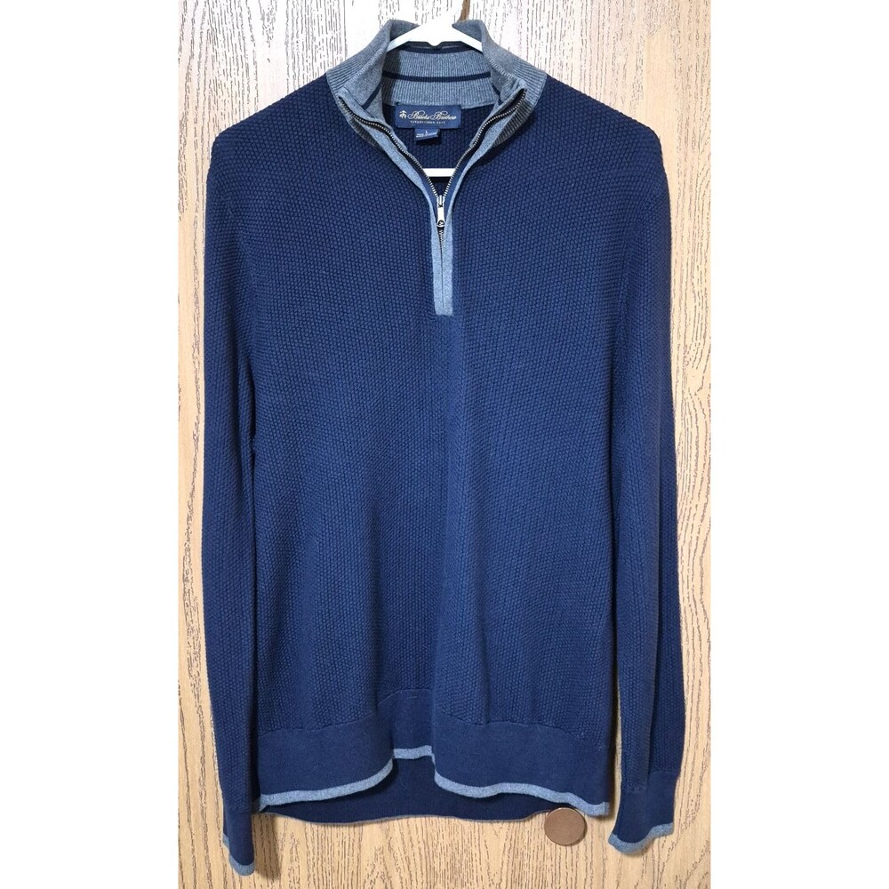 Brooks Brothers Men's Navy Grey Long Sleeve Knit Pullover Cotton Zip Size Large